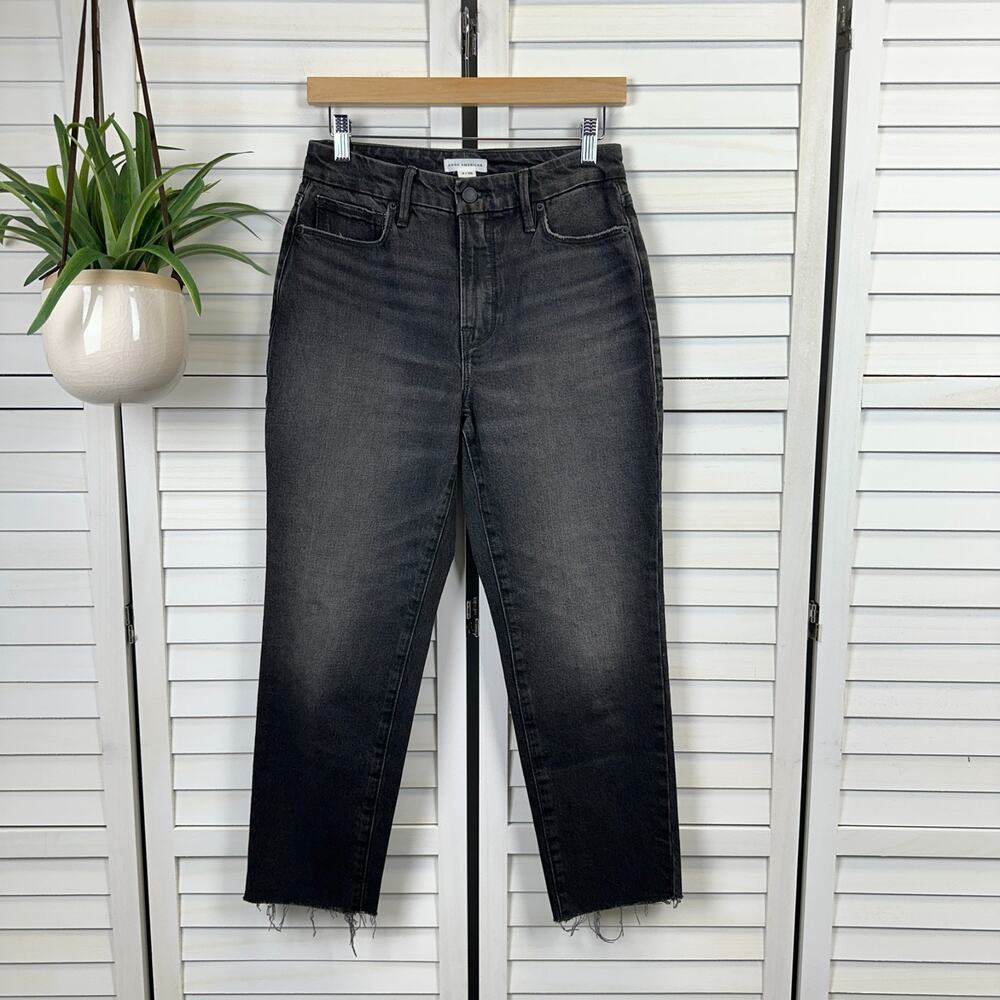 Good American Good Girlfriend Jeans‎ Raw Hem Black Wash Pants Womens Size 2 / 26
